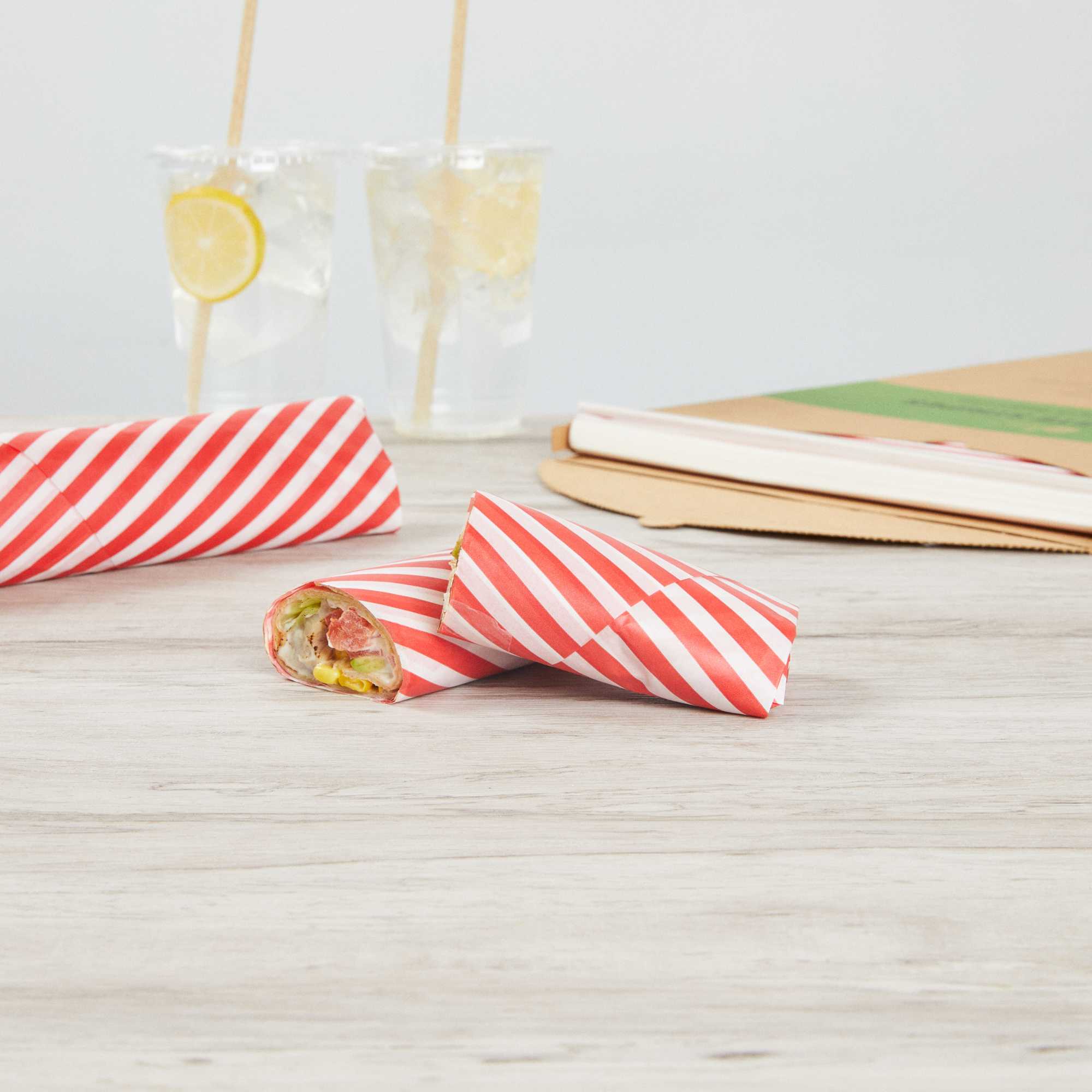 Chef 101 No PFAS Added Red and White Stripe Paper Food Wrap and Basket Liner - Greaseproof, Compostable - 15" x 11" - 200 count box