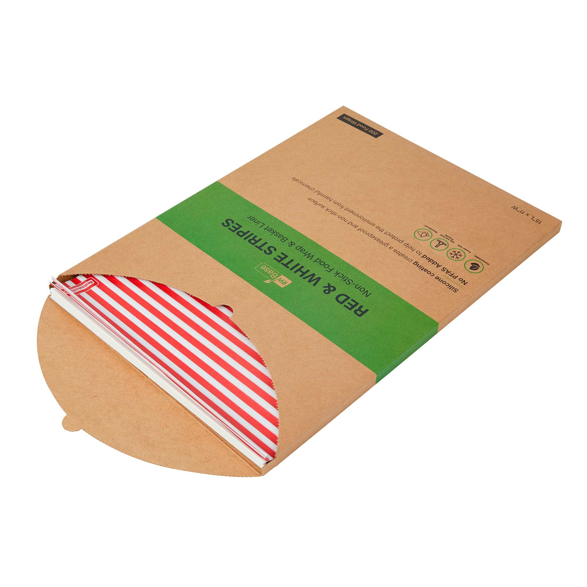 Chef 101 No PFAS Added Red and White Stripe Paper Food Wrap and Basket Liner - Greaseproof, Compostable - 15" x 11" - 2000 count box