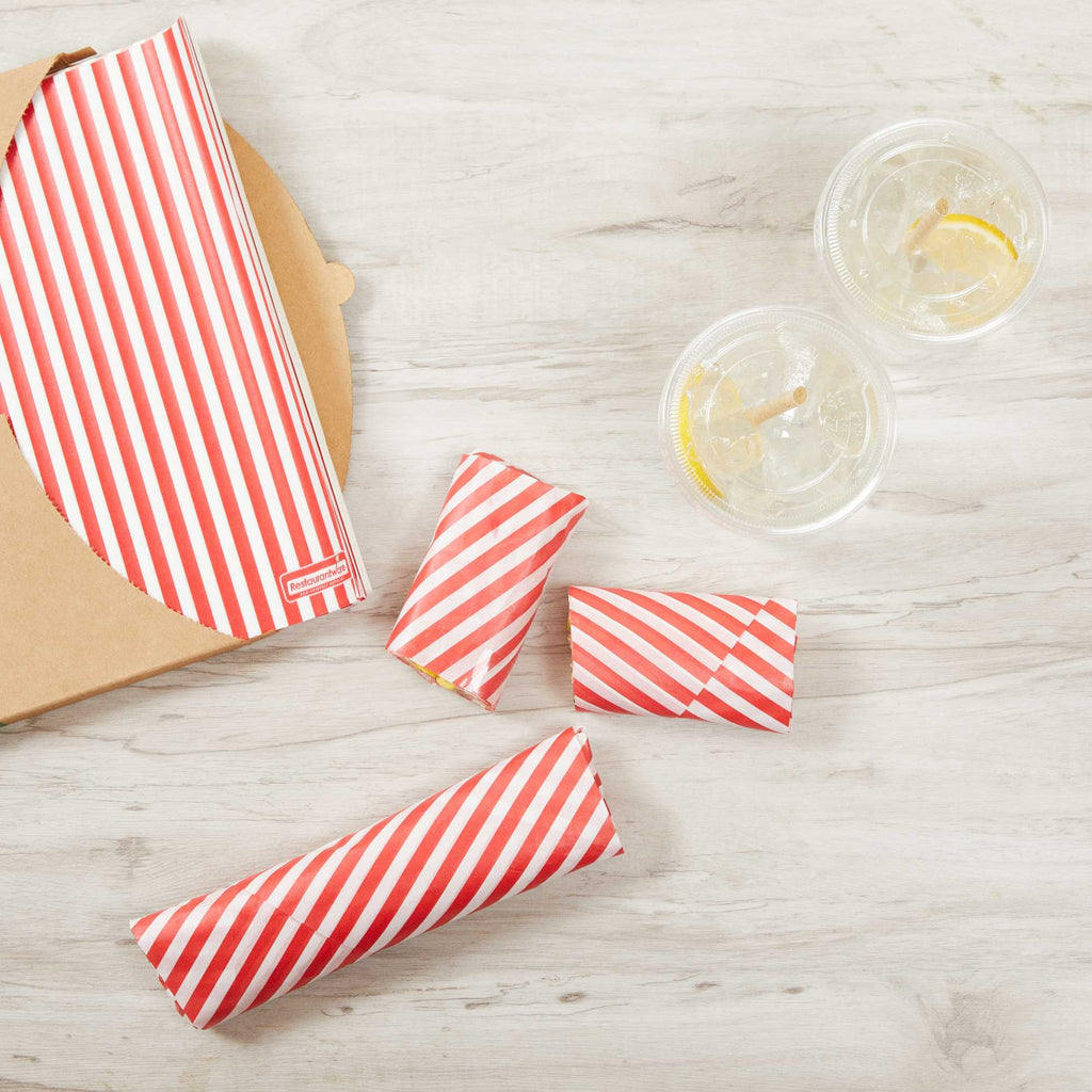 Chef 101 No PFAS Added Red and White Stripe Paper Food Wrap and Basket Liner - Greaseproof, Compostable - 15" x 11" - 2000 count box