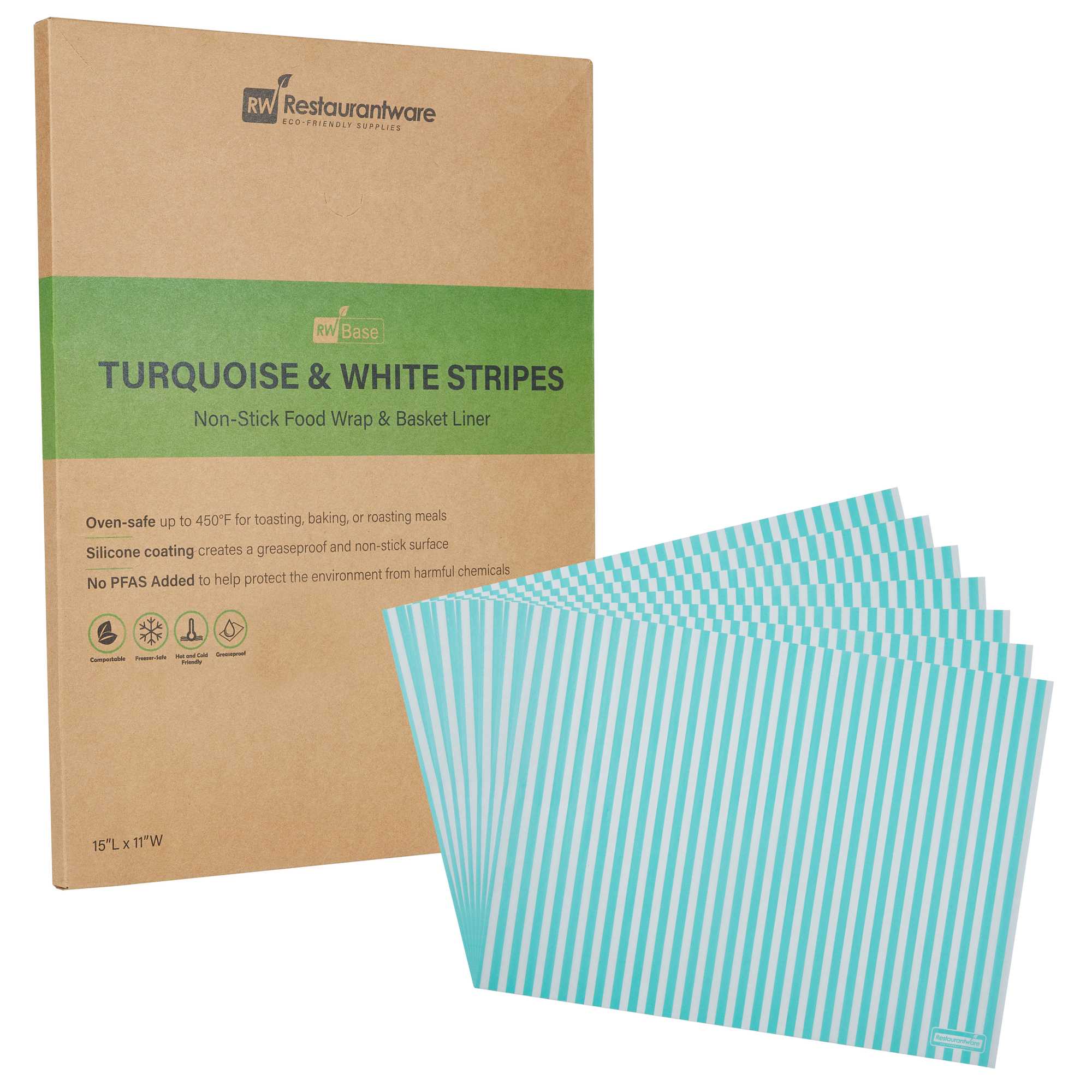 Chef 101 No PFAS Added Turquoise and White Stripe Paper Food Wrap and Basket Liner - Greaseproof, Compostable - 15" x 11" - 2000 count box