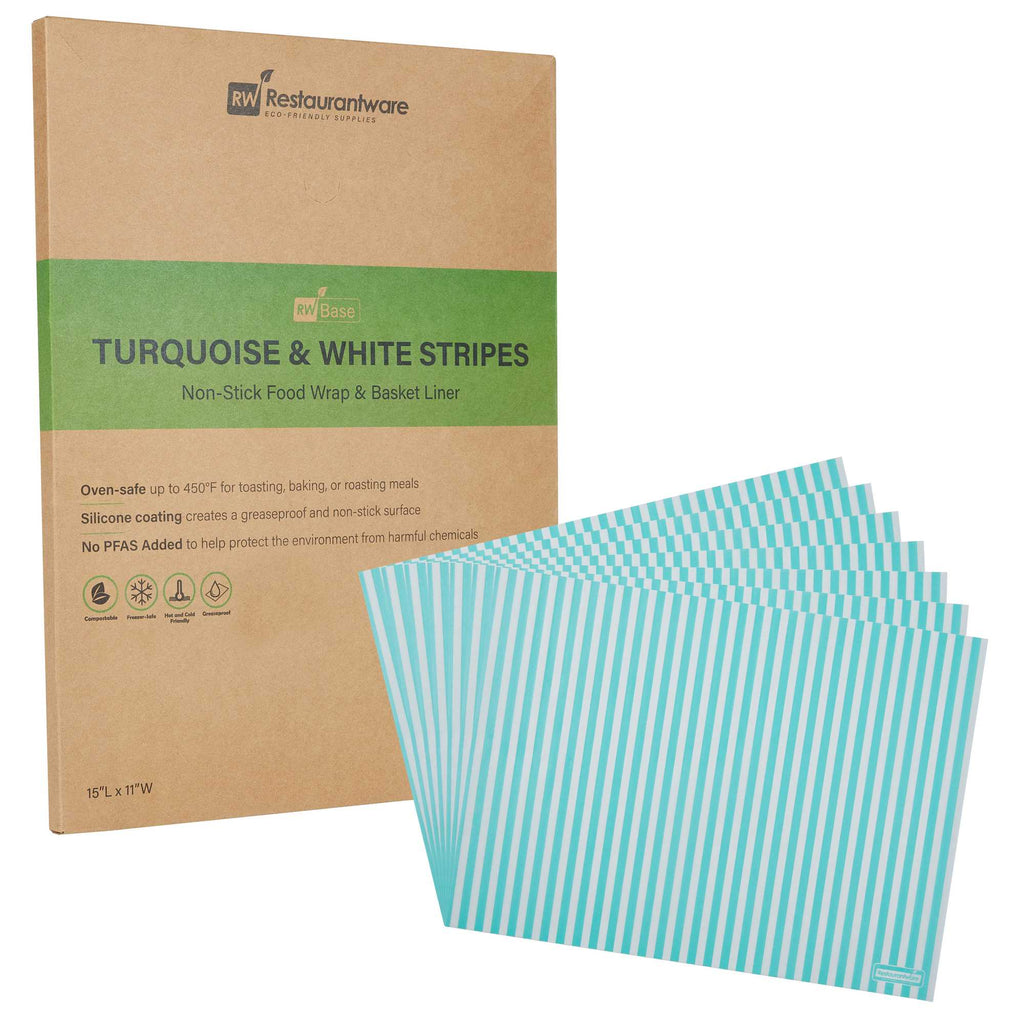Chef 101 No PFAS Added Turquoise and White Stripe Paper Food Wrap and Basket Liner - Greaseproof, Compostable - 15" x 11" - 200 count box