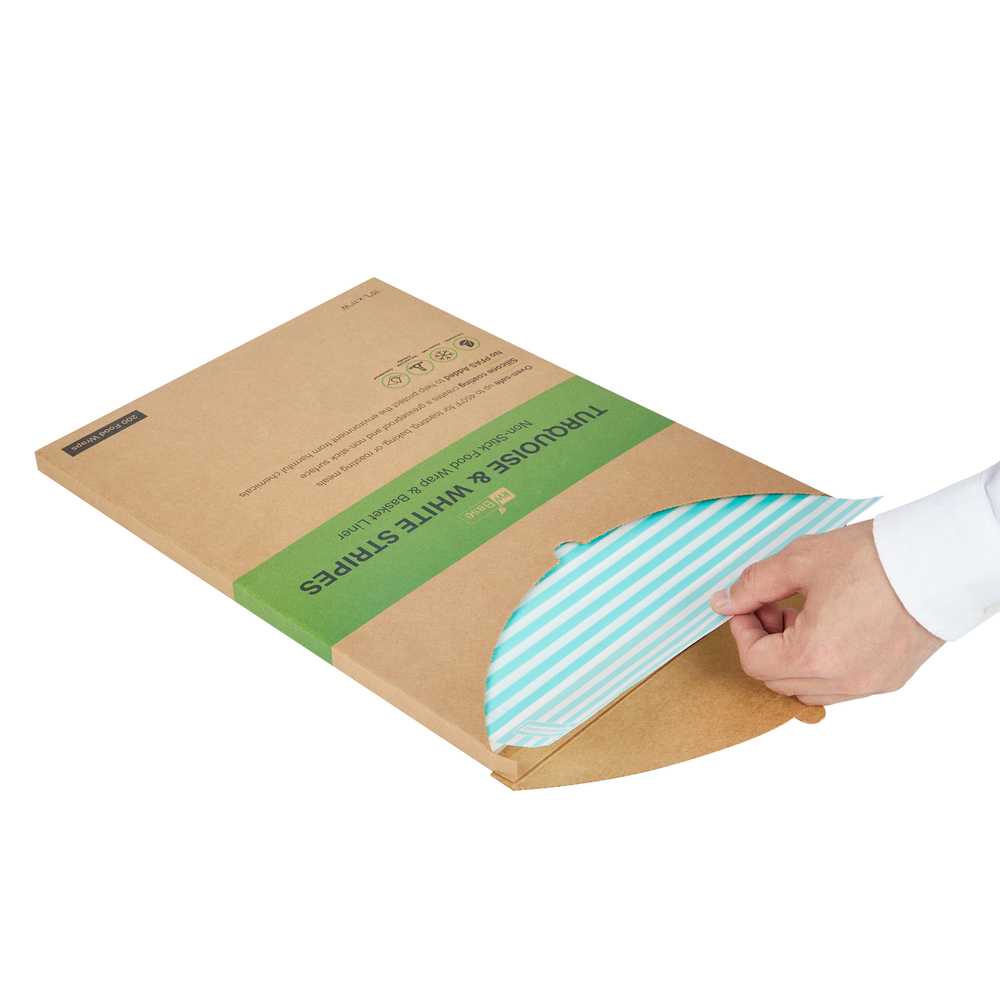 Chef 101 No PFAS Added Turquoise and White Stripe Paper Food Wrap and Basket Liner - Greaseproof, Compostable - 15" x 11" - 200 count box