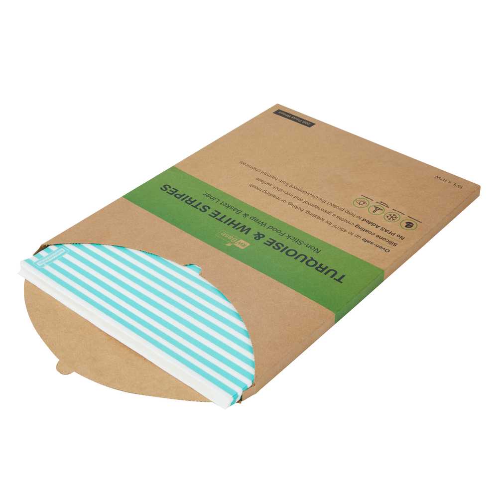 Chef 101 No PFAS Added Turquoise and White Stripe Paper Food Wrap and Basket Liner - Greaseproof, Compostable - 15" x 11" - 200 count box