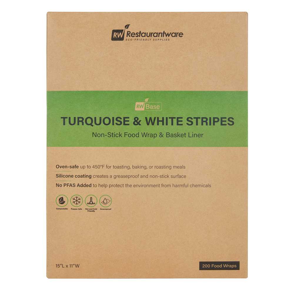 Chef 101 No PFAS Added Turquoise and White Stripe Paper Food Wrap and Basket Liner - Greaseproof, Compostable - 15" x 11" - 2000 count box