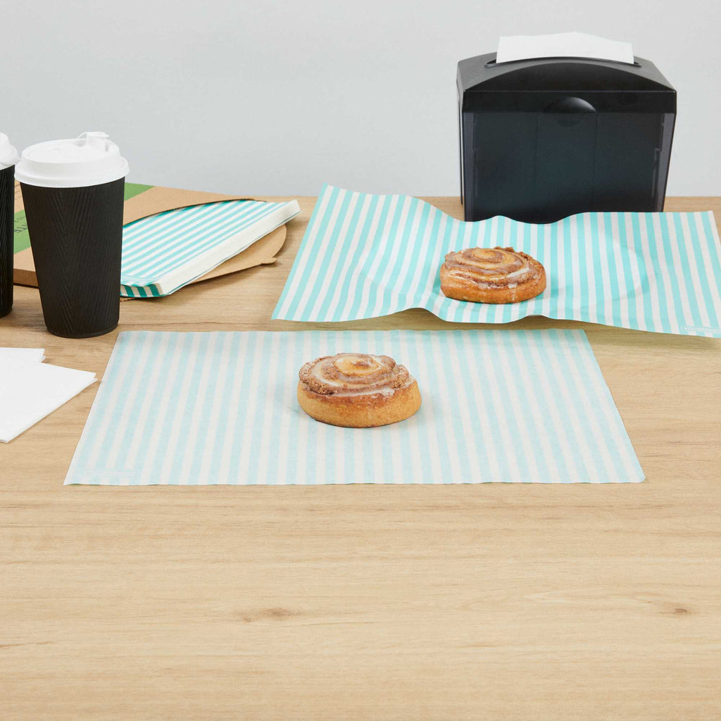 Chef 101 No PFAS Added Turquoise and White Stripe Paper Food Wrap and Basket Liner - Greaseproof, Compostable - 15" x 11" - 2000 count box