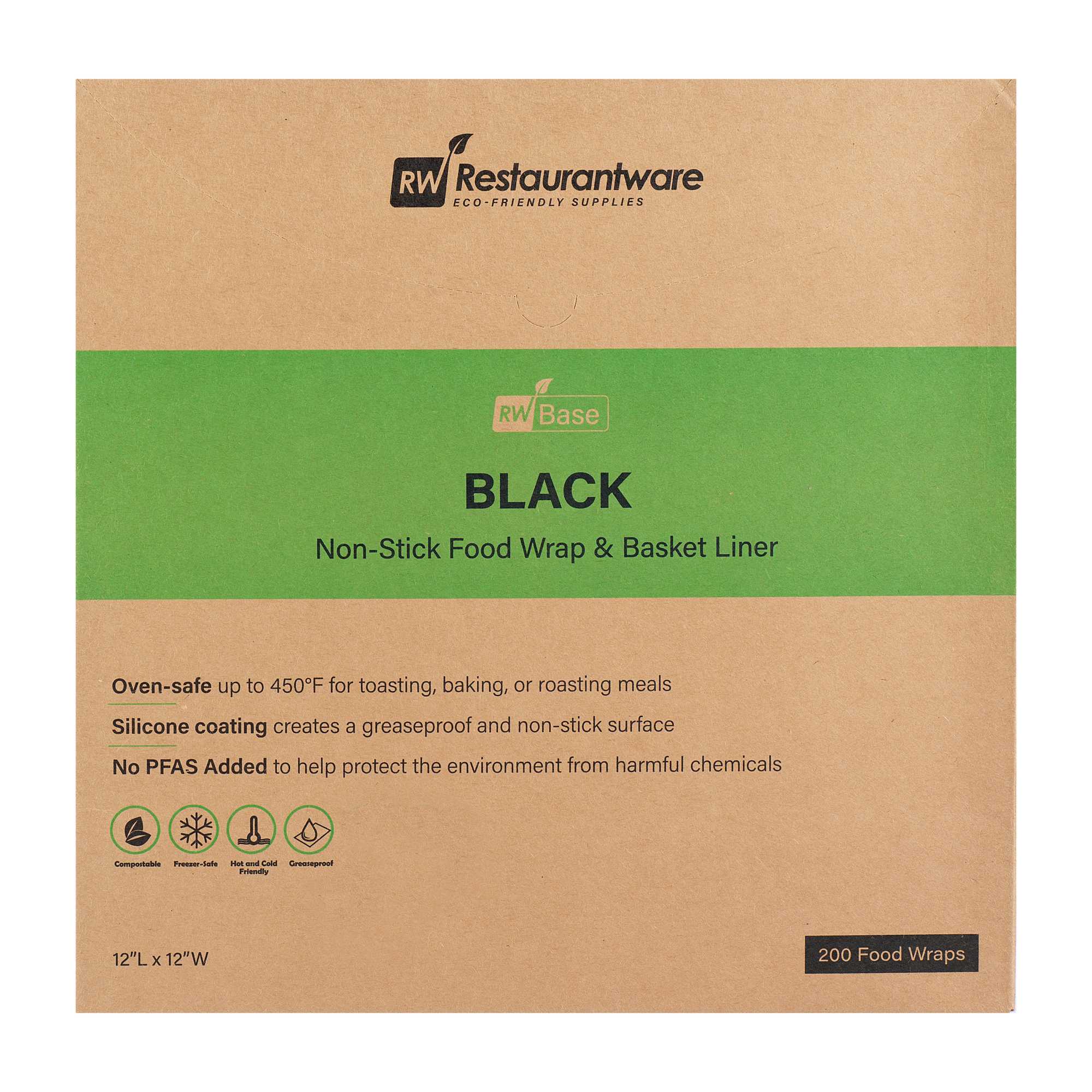 Chef 101 No PFAS Added Black Paper Bakery Wrap and Basket Liner - Greaseproof - 12" x 12" - 2000 count box