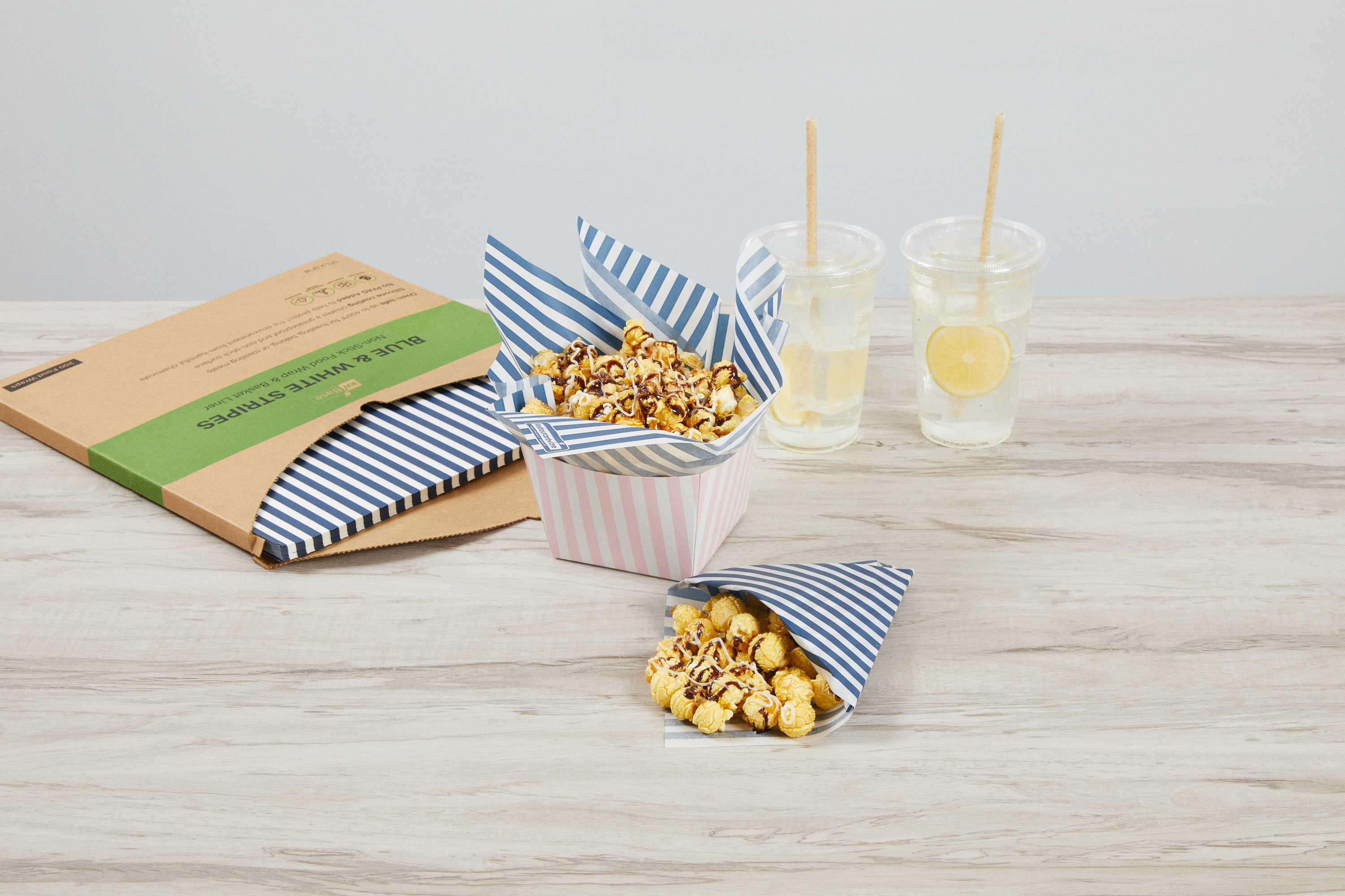 Chef 101 No PFAS Added Blue and White Stripe Paper Bakery Wrap and Basket Liner - Greaseproof - 12" x 12" - 200 count box