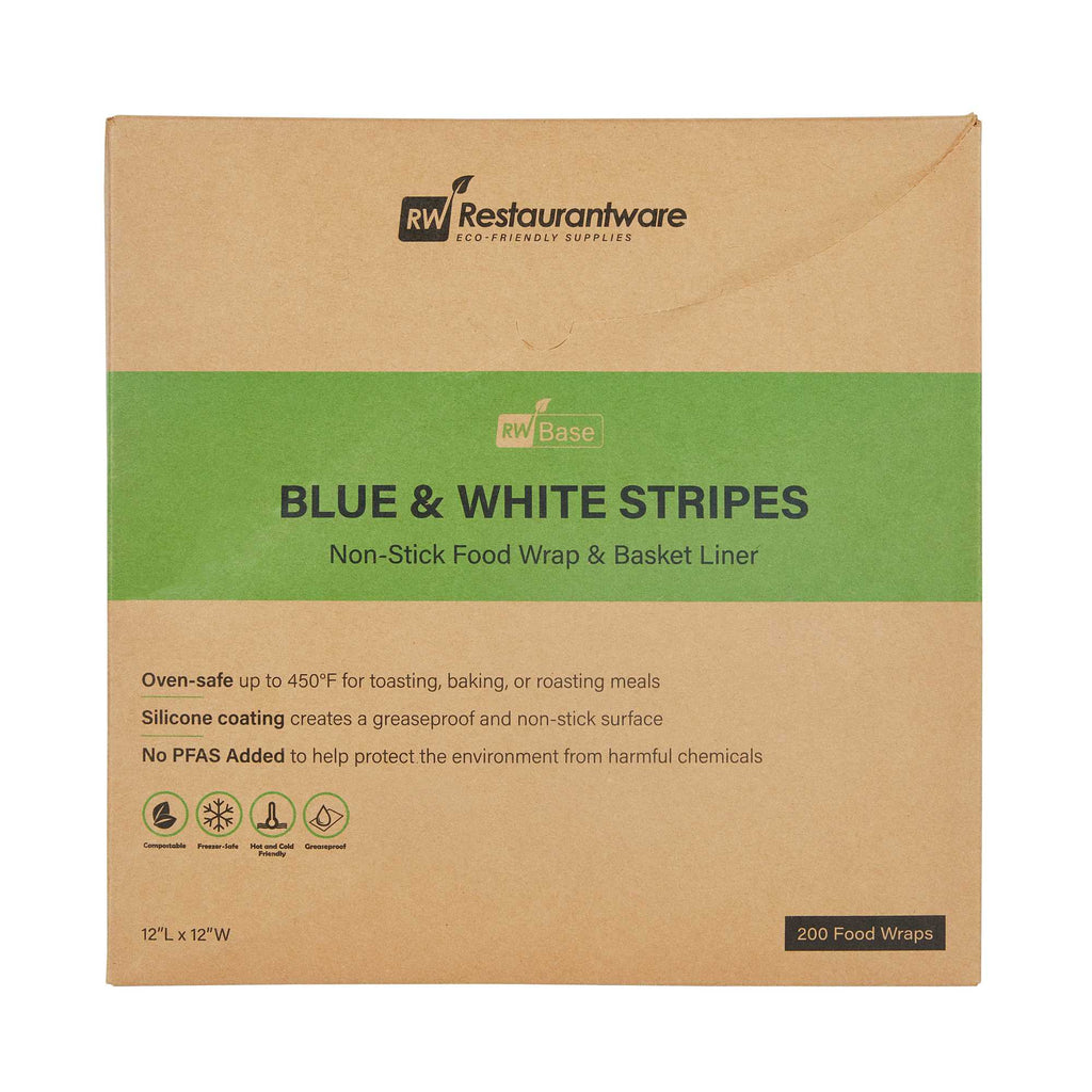 Chef 101 No PFAS Added Blue and White Stripe Paper Bakery Wrap and Basket Liner - Greaseproof - 12" x 12" - 200 count box