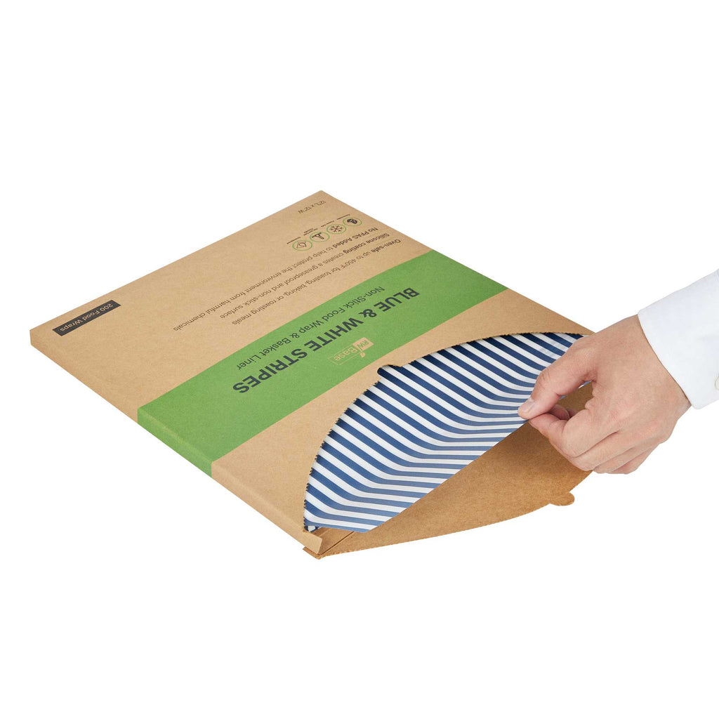 Chef 101 No PFAS Added Blue and White Stripe Paper Bakery Wrap and Basket Liner - Greaseproof - 12" x 12" - 2000 count box