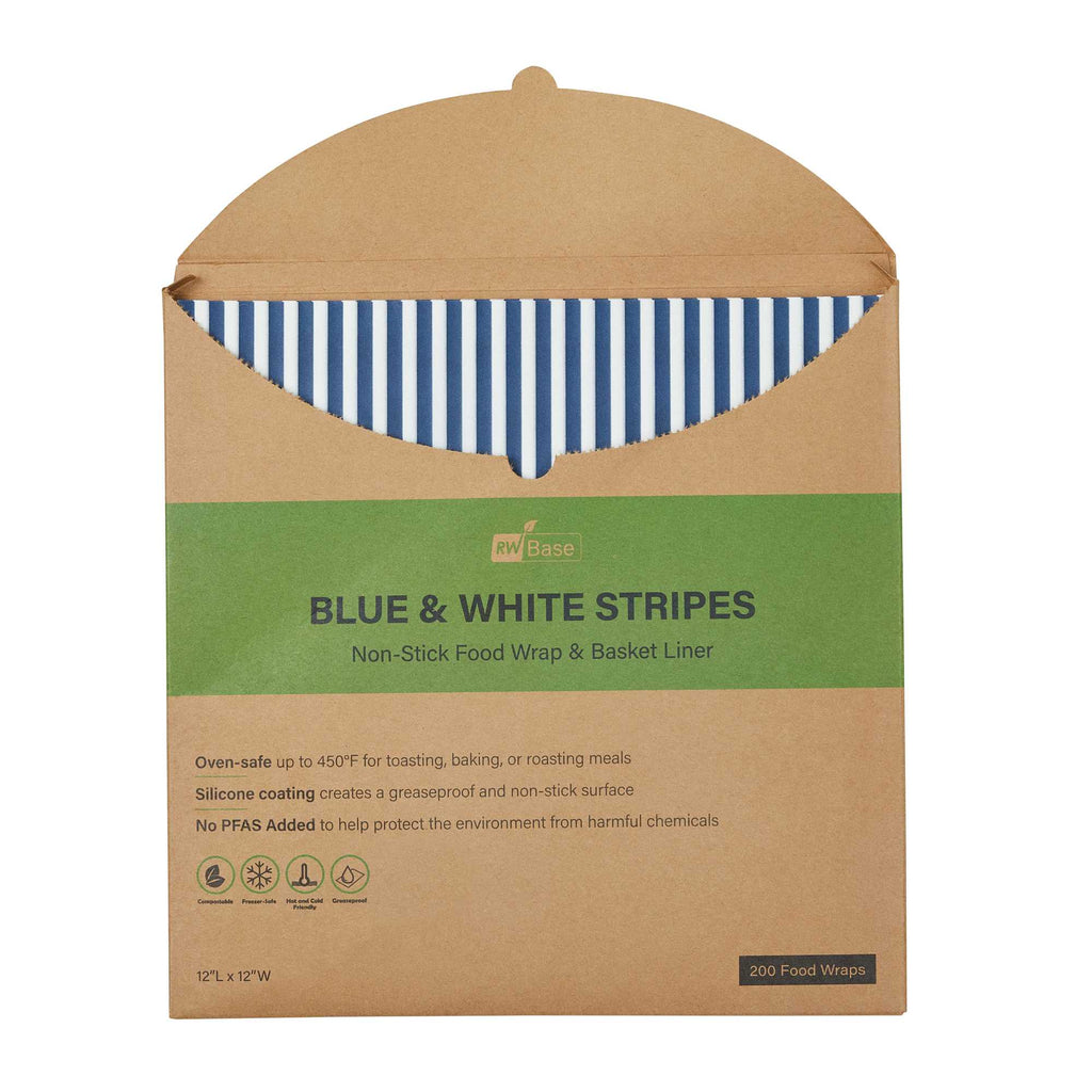 Chef 101 No PFAS Added Blue and White Stripe Paper Bakery Wrap and Basket Liner - Greaseproof - 12" x 12" - 2000 count box