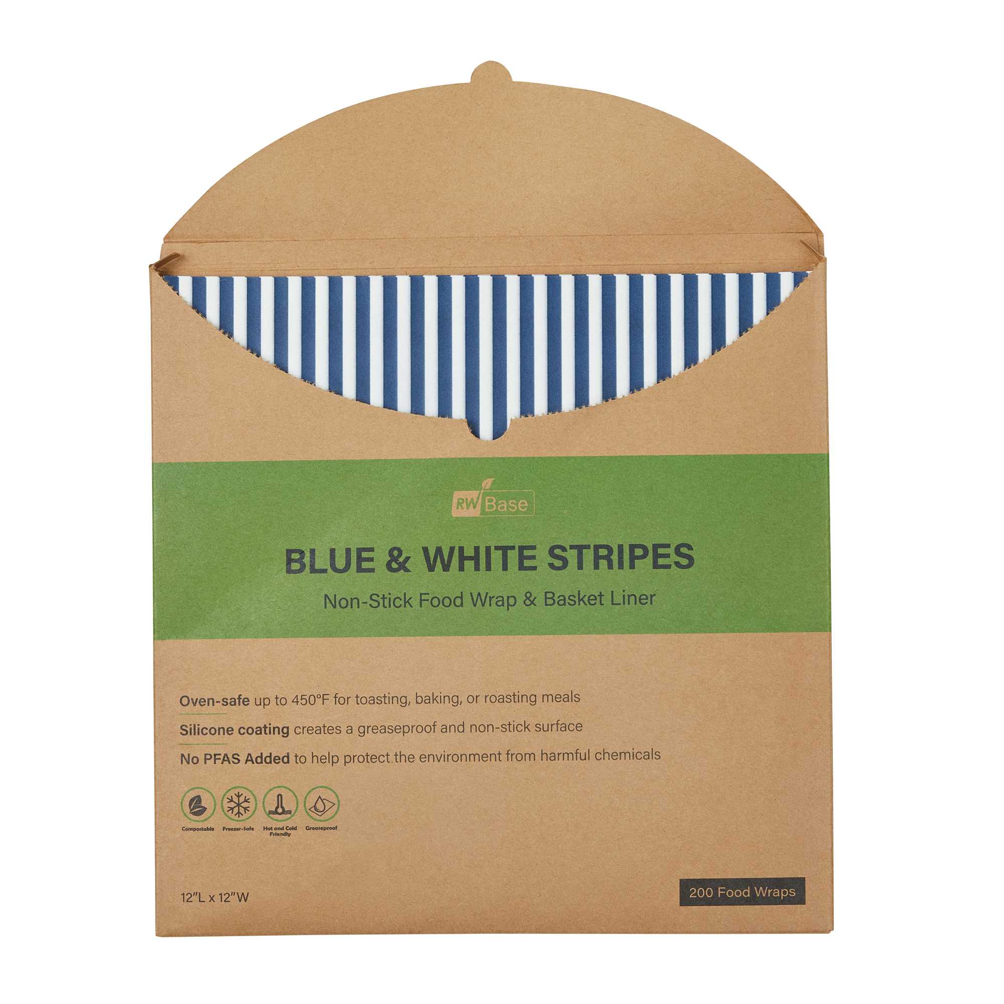 Chef 101 No PFAS Added Blue and White Stripe Paper Bakery Wrap and Basket Liner - Greaseproof - 12" x 12" - 2000 count box
