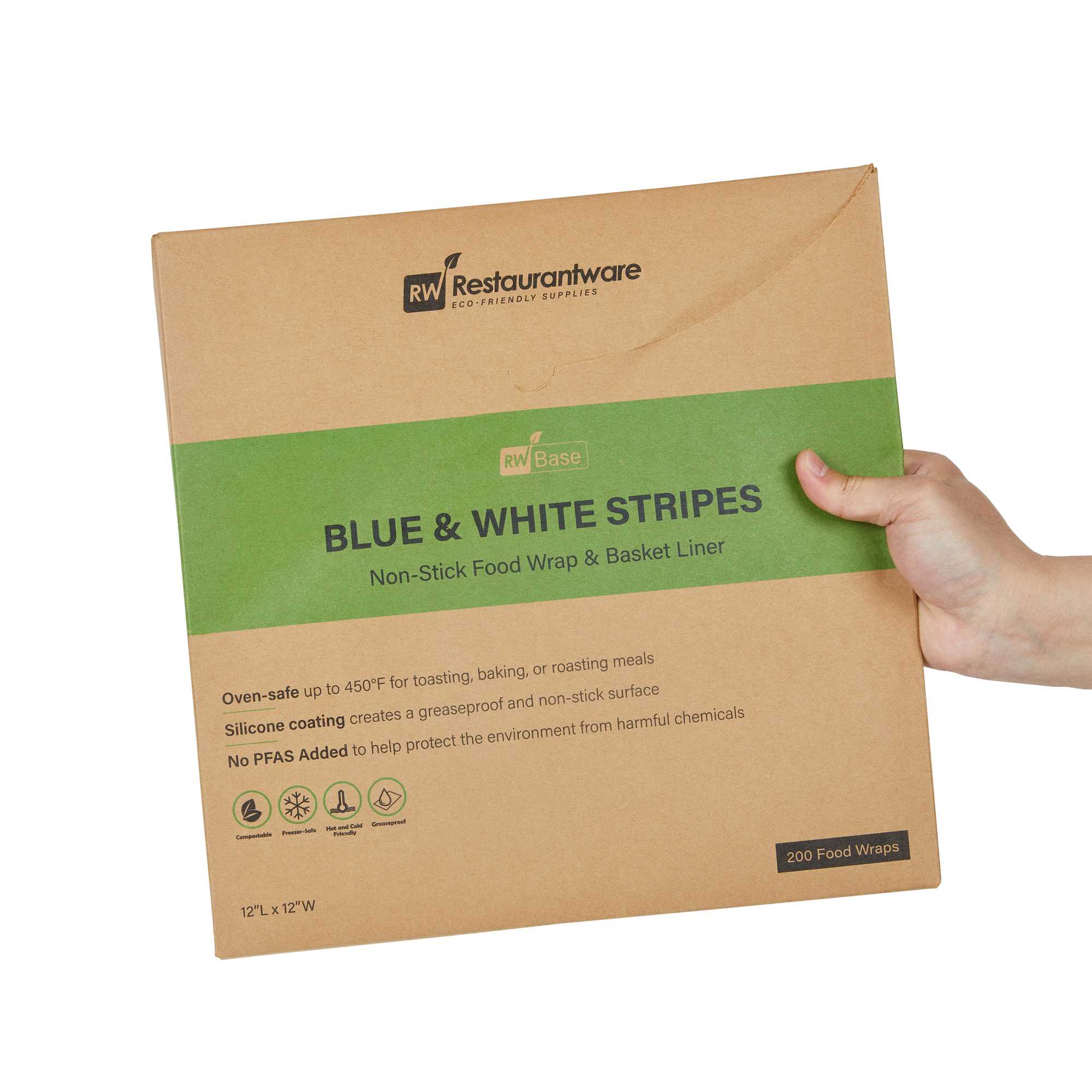 Chef 101 No PFAS Added Blue and White Stripe Paper Bakery Wrap and Basket Liner - Greaseproof - 12" x 12" - 2000 count box