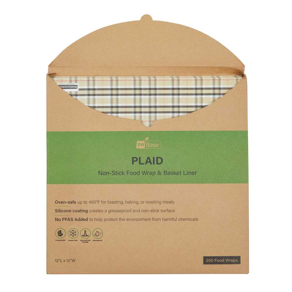Chef 101 No PFAS Added Plaid Paper Bakery Wrap and Basket Liner - Greaseproof - 12" x 12" - 200 count box