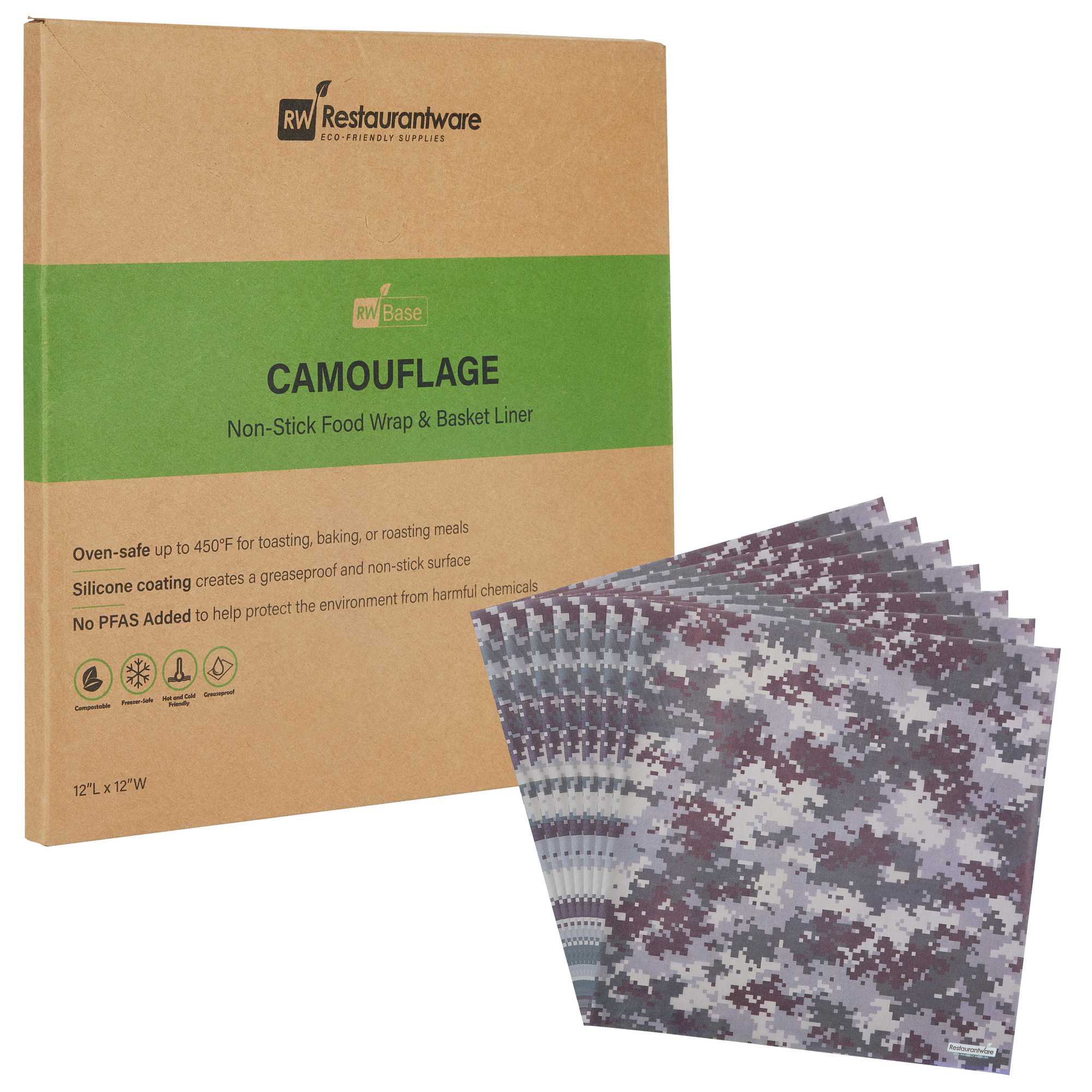 Chef 101 No PFAS Added Camouflage Paper Bakery Wrap and Basket Liner - Greaseproof - 12" x 12" - 2000 count box