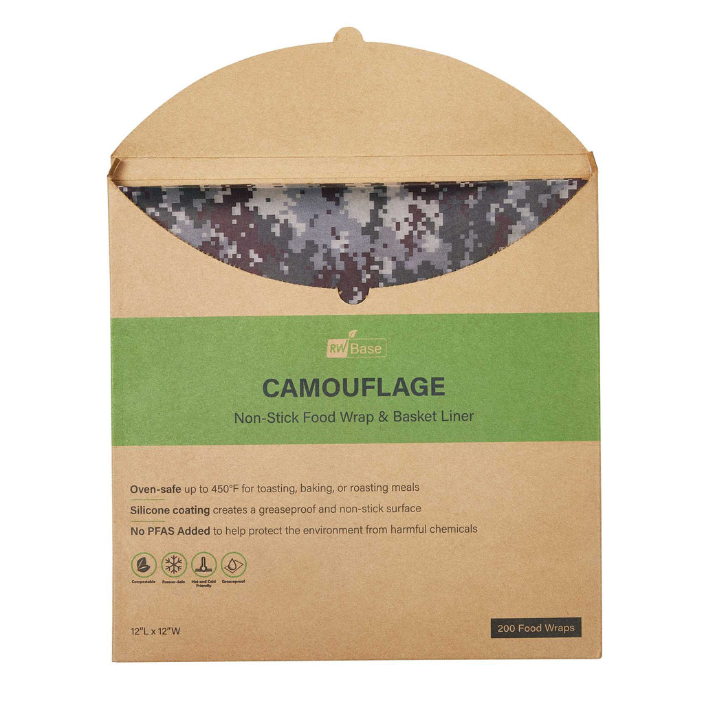 Chef 101 No PFAS Added Camouflage Paper Bakery Wrap and Basket Liner - Greaseproof - 12" x 12" - 200 count box
