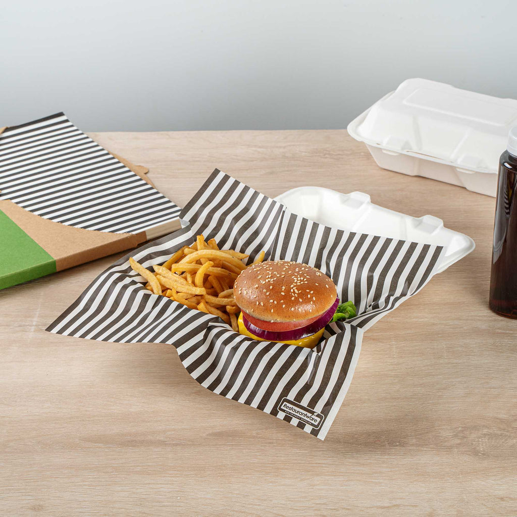 Chef 101 No PFAS Added Black and White Stripe Paper Bakery Wrap and Basket Liner - Greaseproof - 12" x 12" - 200 count box