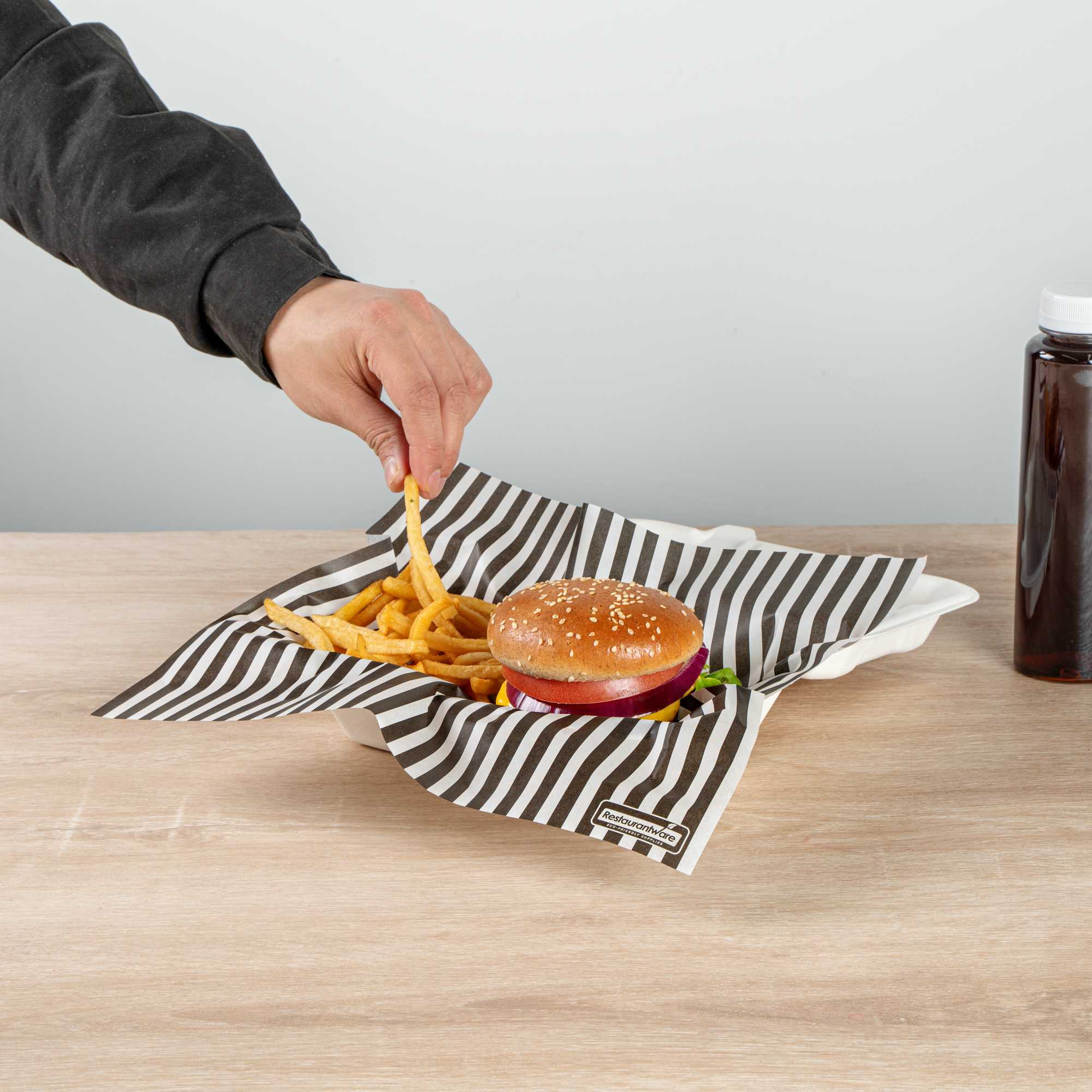 Chef 101 No PFAS Added Black and White Stripe Paper Bakery Wrap and Basket Liner - Greaseproof - 12" x 12" - 200 count box