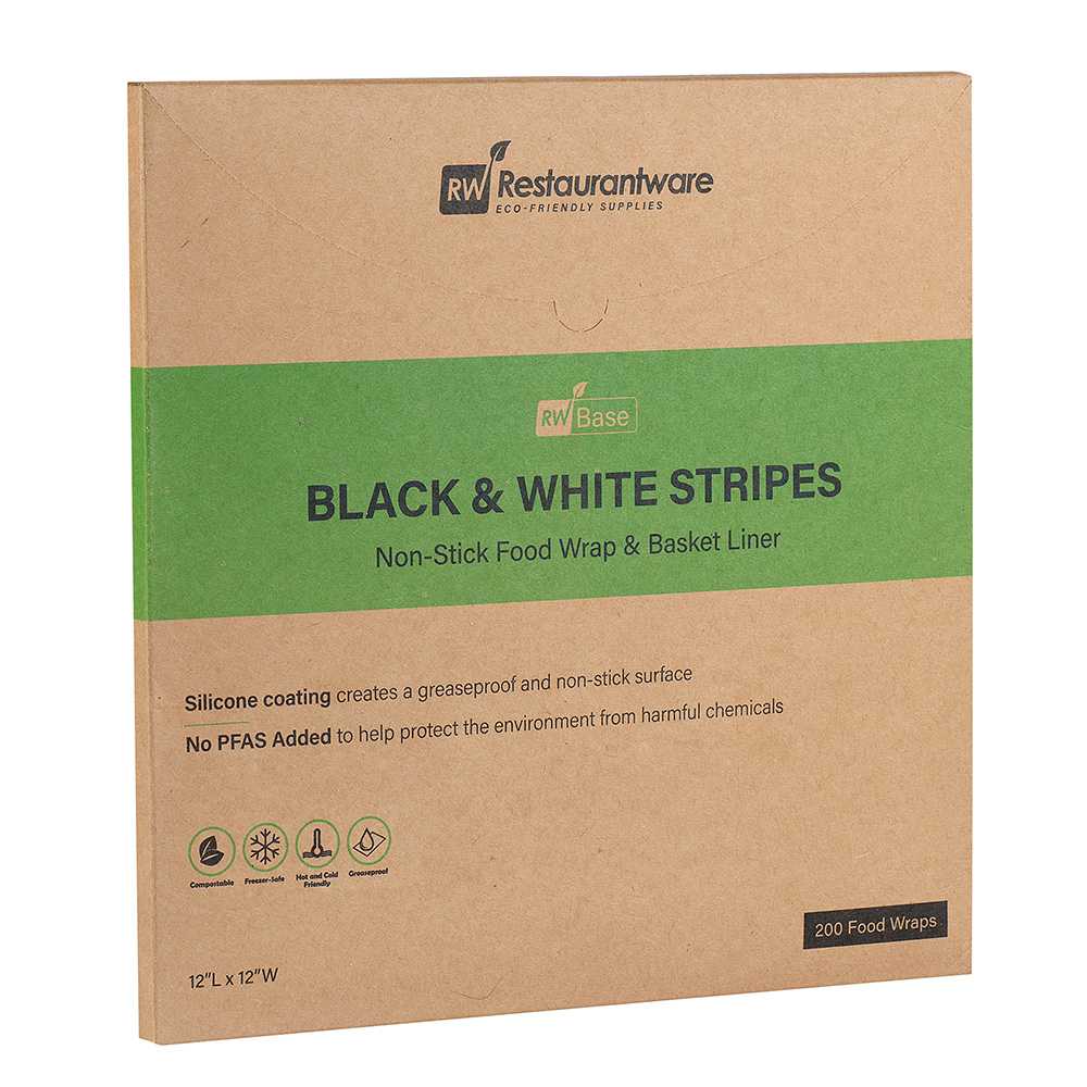 Chef 101 No PFAS Added Black and White Stripe Paper Bakery Wrap and Basket Liner - Greaseproof - 12" x 12" - 2000 count box