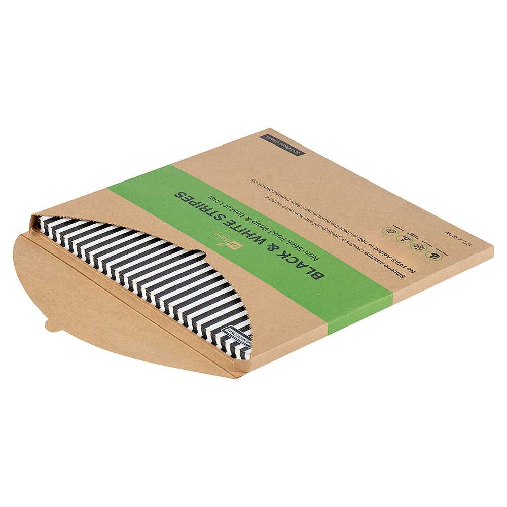Chef 101 No PFAS Added Black and White Stripe Paper Bakery Wrap and Basket Liner - Greaseproof - 12" x 12" - 2000 count box