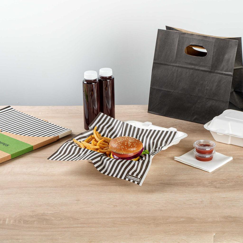 Chef 101 No PFAS Added Black and White Stripe Paper Bakery Wrap and Basket Liner - Greaseproof - 12" x 12" - 2000 count box