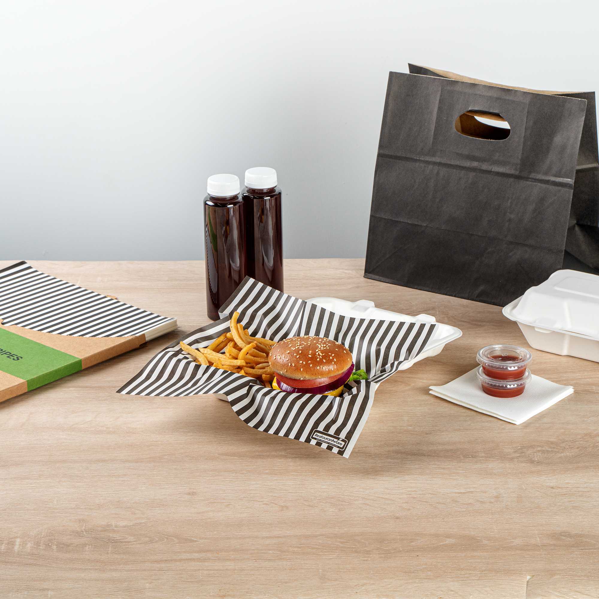 Chef 101 No PFAS Added Black and White Stripe Paper Bakery Wrap and Basket Liner - Greaseproof - 12" x 12" - 2000 count box