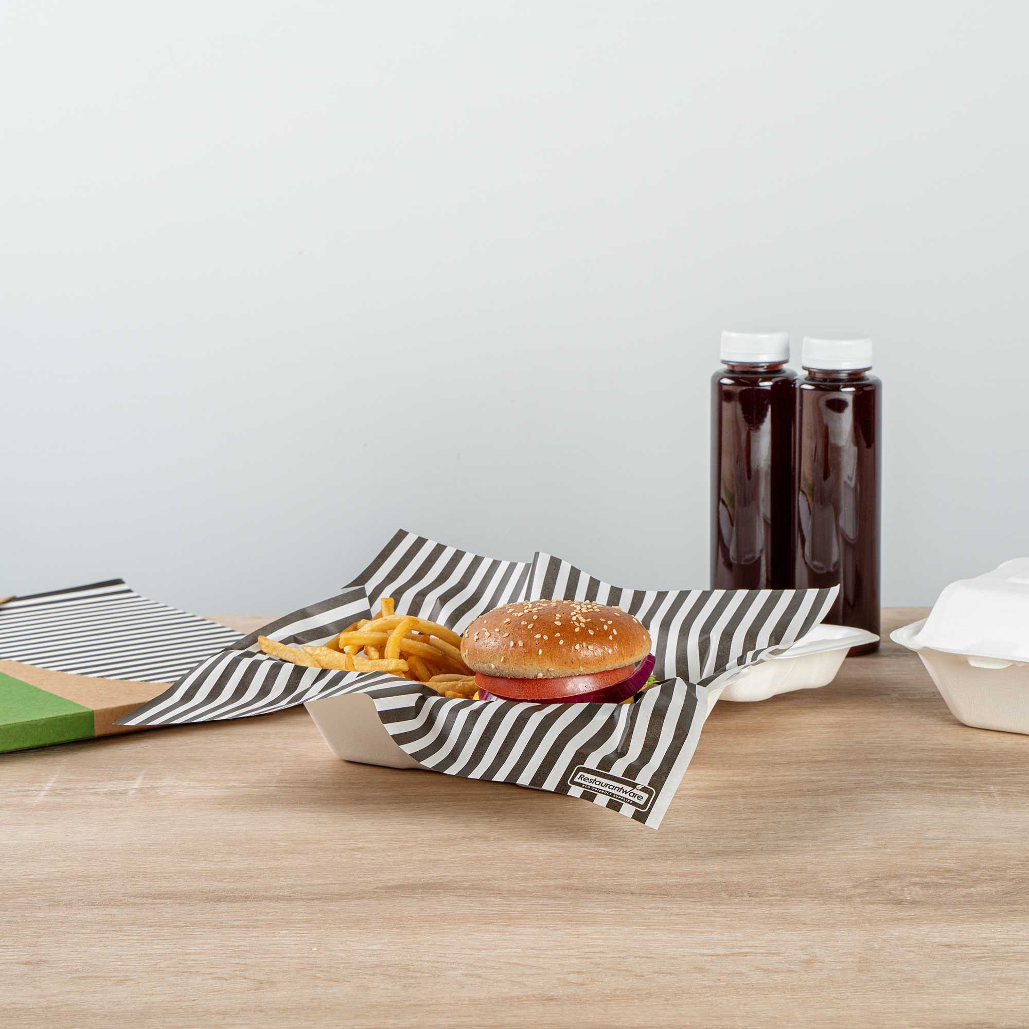 Chef 101 No PFAS Added Black and White Stripe Paper Bakery Wrap and Basket Liner - Greaseproof - 12" x 12" - 2000 count box