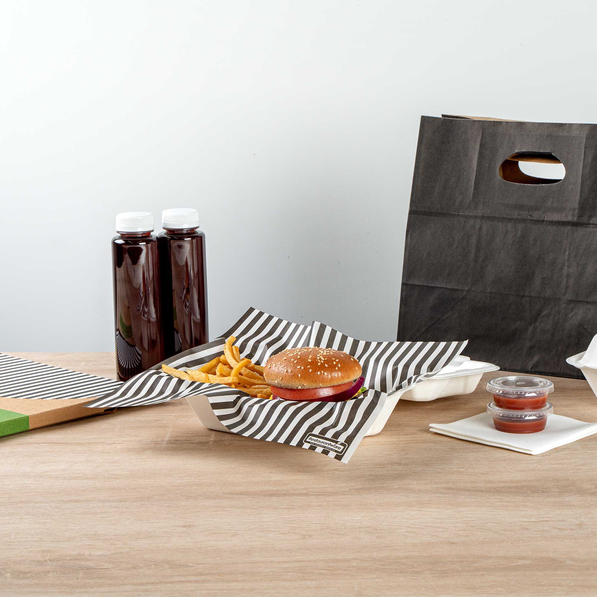 Chef 101 No PFAS Added Black and White Stripe Paper Bakery Wrap and Basket Liner - Greaseproof - 12" x 12" - 2000 count box