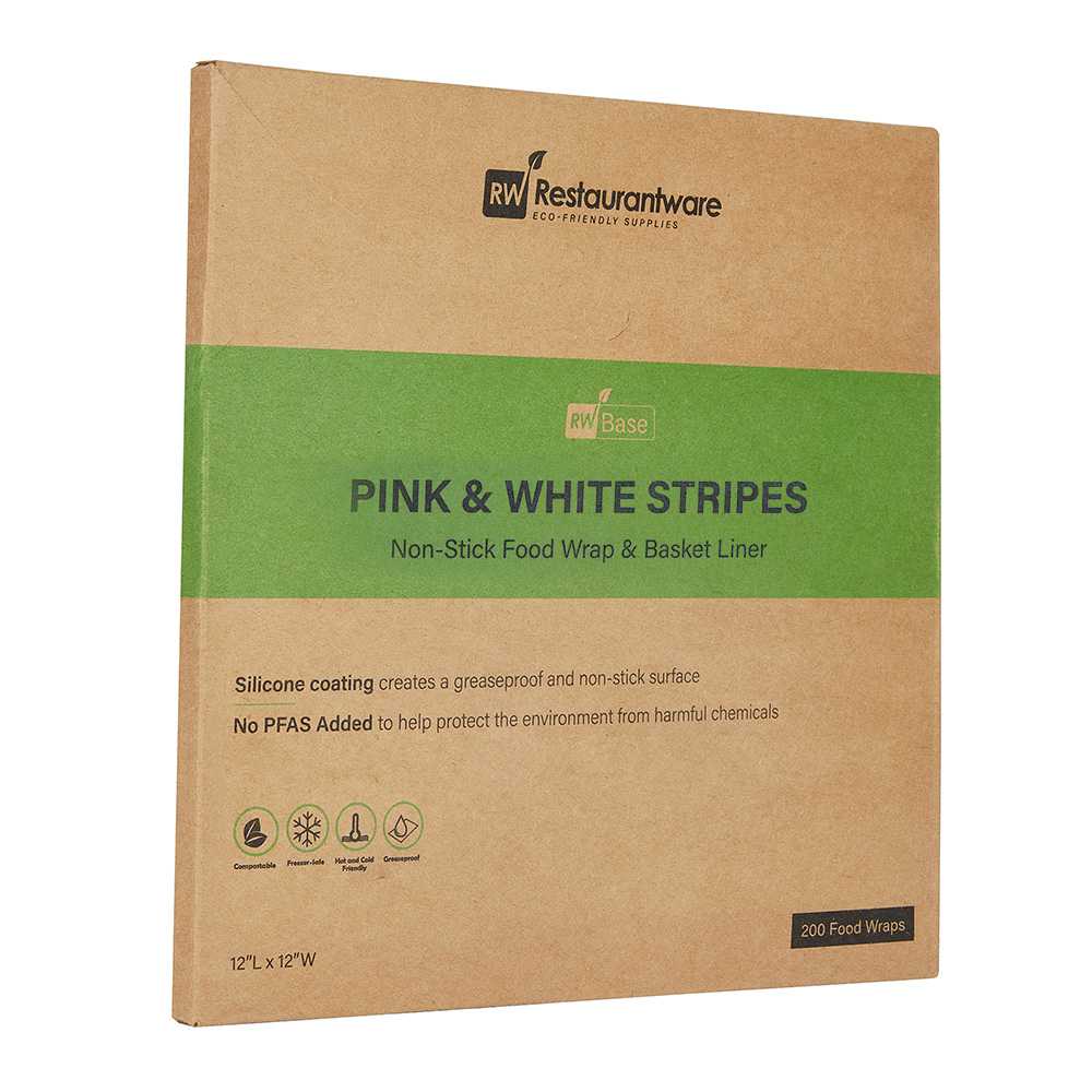 Chef 101 No PFAS Added Pink and White Stripe Paper Bakery Wrap and Basket Liner - Greaseproof - 12" x 12" - 200 count box