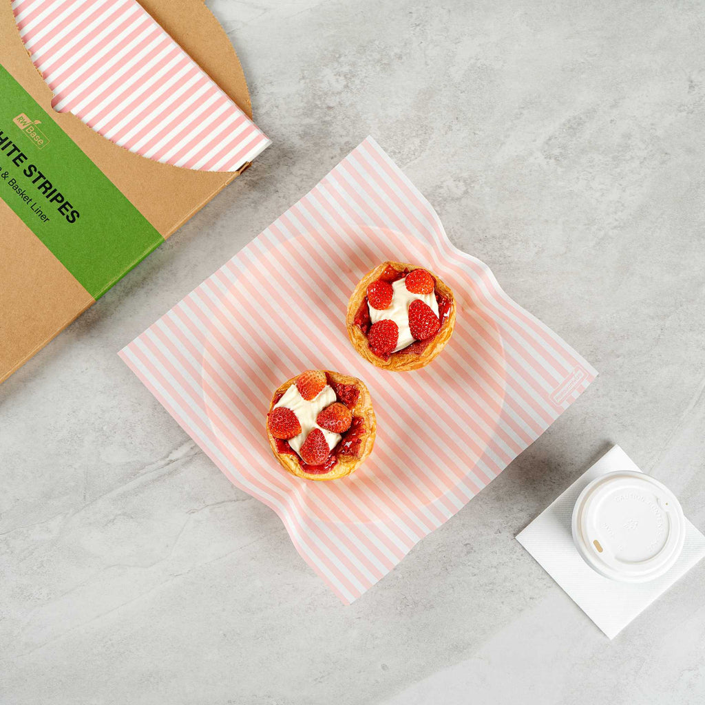 Chef 101 No PFAS Added Pink and White Stripe Paper Bakery Wrap and Basket Liner - Greaseproof - 12" x 12" - 200 count box