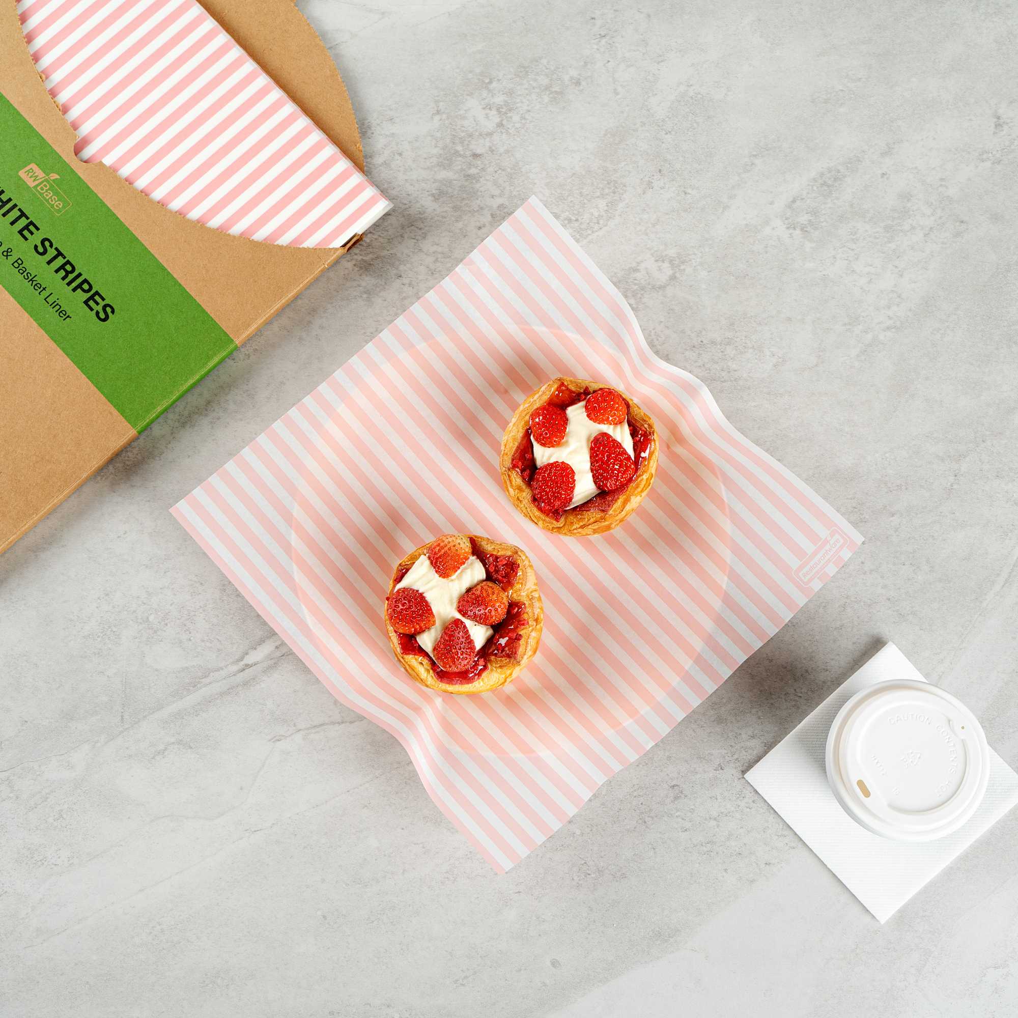 Chef 101 No PFAS Added Pink and White Stripe Paper Bakery Wrap and Basket Liner - Greaseproof - 12" x 12" - 200 count box