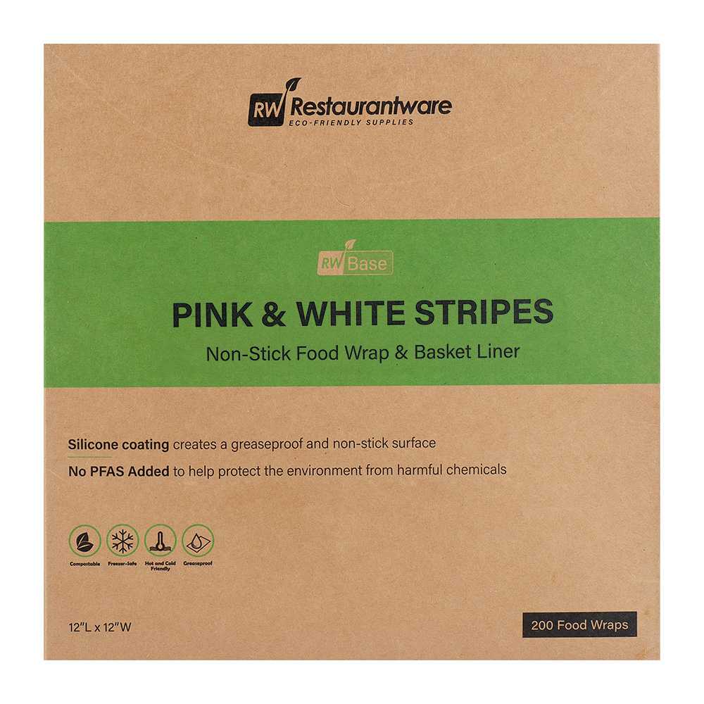 Chef 101 No PFAS Added Pink and White Stripe Paper Bakery Wrap and Basket Liner - Greaseproof - 12" x 12" - 2000 count box