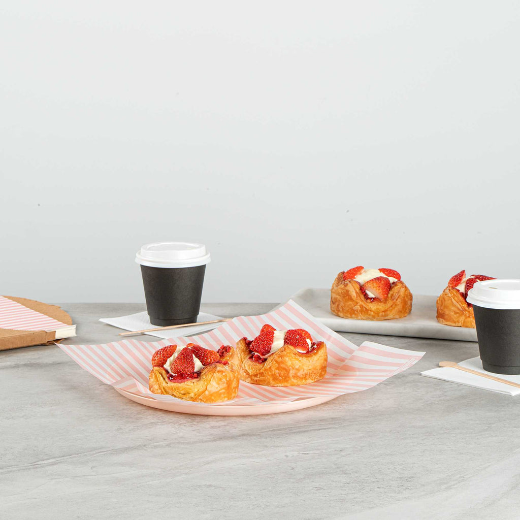 Chef 101 No PFAS Added Pink and White Stripe Paper Bakery Wrap and Basket Liner - Greaseproof - 12" x 12" - 2000 count box