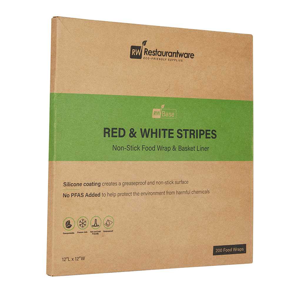 Chef 101 No PFAS Added Red and White Stripe Paper Bakery Wrap and Basket Liner - Greaseproof - 12" x 12" - 200 count box
