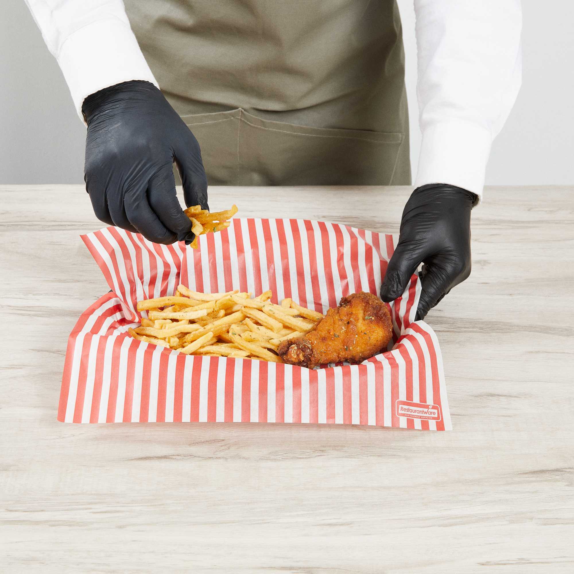 Chef 101 No PFAS Added Red and White Stripe Paper Bakery Wrap and Basket Liner - Greaseproof - 12" x 12" - 200 count box