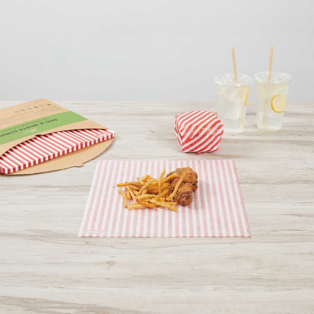 Chef 101 No PFAS Added Red and White Stripe Paper Bakery Wrap and Basket Liner - Greaseproof - 12" x 12" - 200 count box