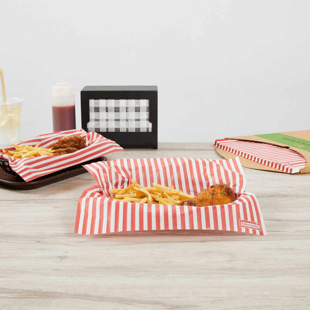 Chef 101 No PFAS Added Red and White Stripe Paper Bakery Wrap and Basket Liner - Greaseproof - 12" x 12" - 2000 count box