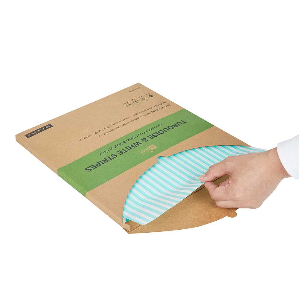 Chef 101 No PFAS Added Turquoise and White Stripe Paper Bakery Wrap and Basket Liner - Greaseproof - 12" x 12" - 200 count box