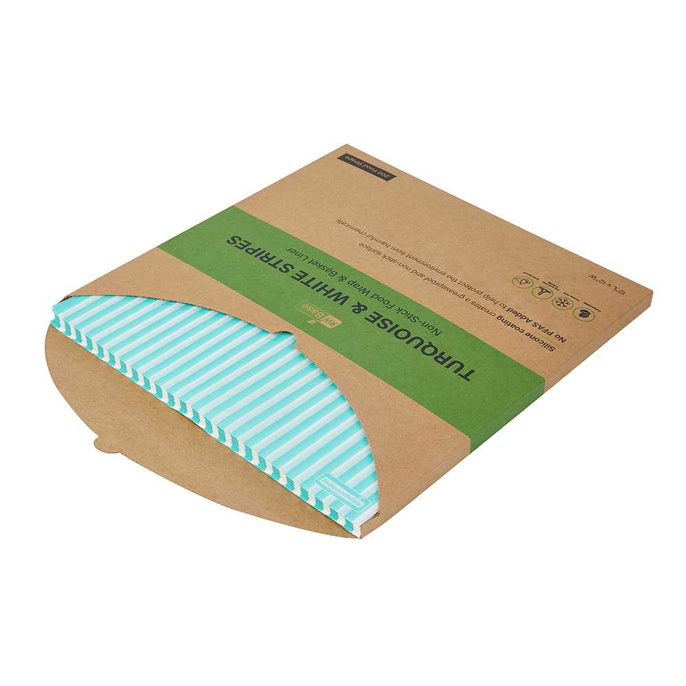 Chef 101 No PFAS Added Turquoise and White Stripe Paper Bakery Wrap and Basket Liner - Greaseproof - 12" x 12" - 2000 count box