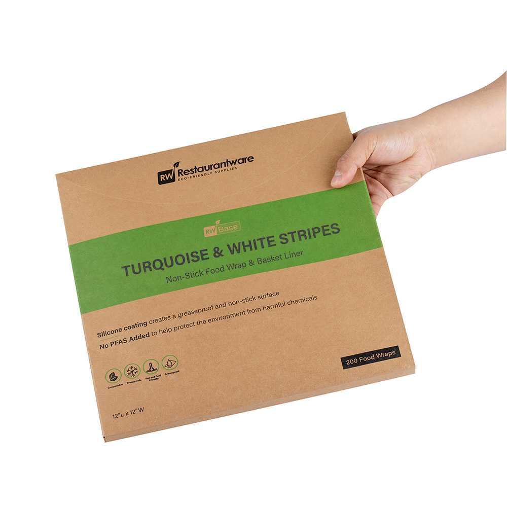 Chef 101 No PFAS Added Turquoise and White Stripe Paper Bakery Wrap and Basket Liner - Greaseproof - 12" x 12" - 2000 count box