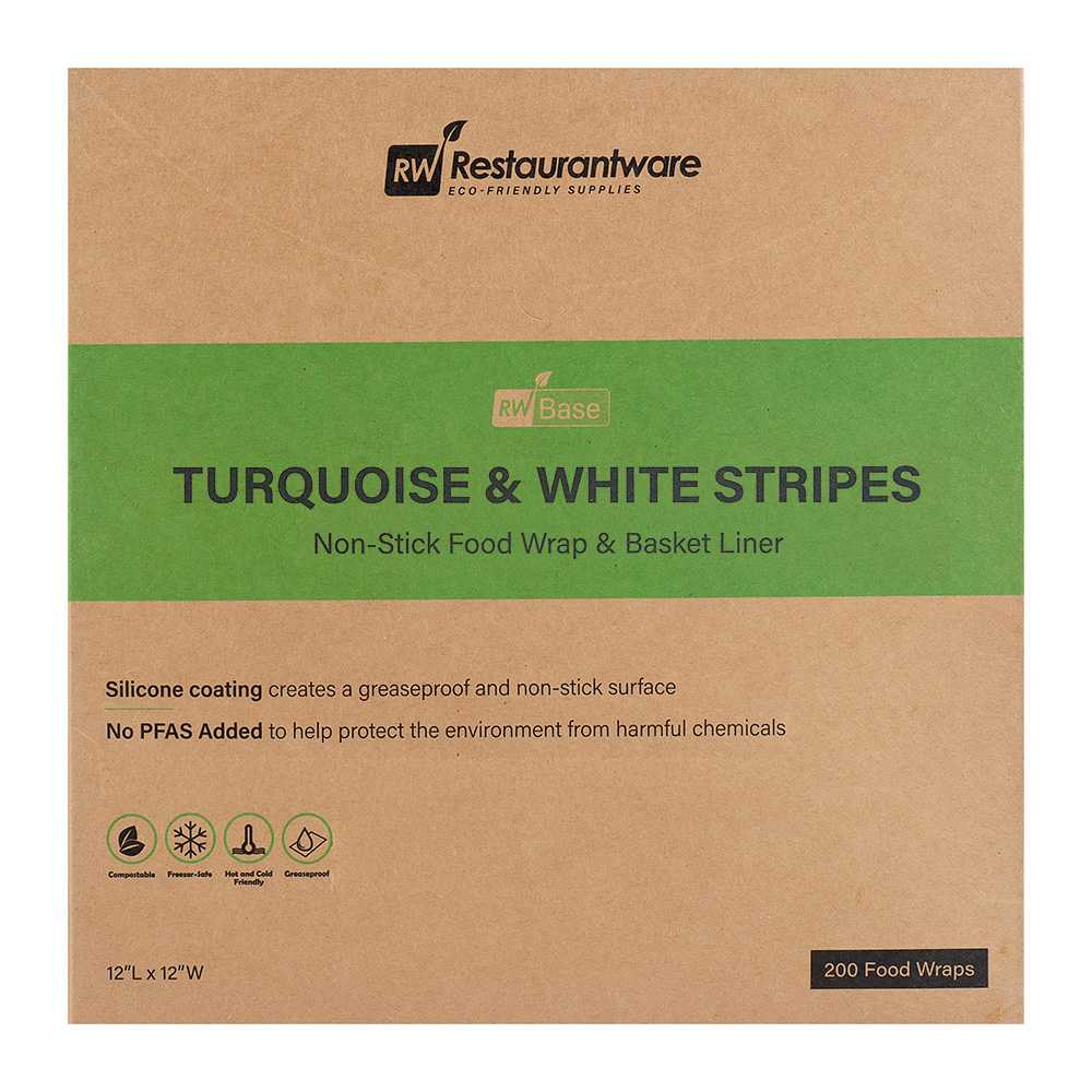 Chef 101 No PFAS Added Turquoise and White Stripe Paper Bakery Wrap and Basket Liner - Greaseproof - 12" x 12" - 2000 count box