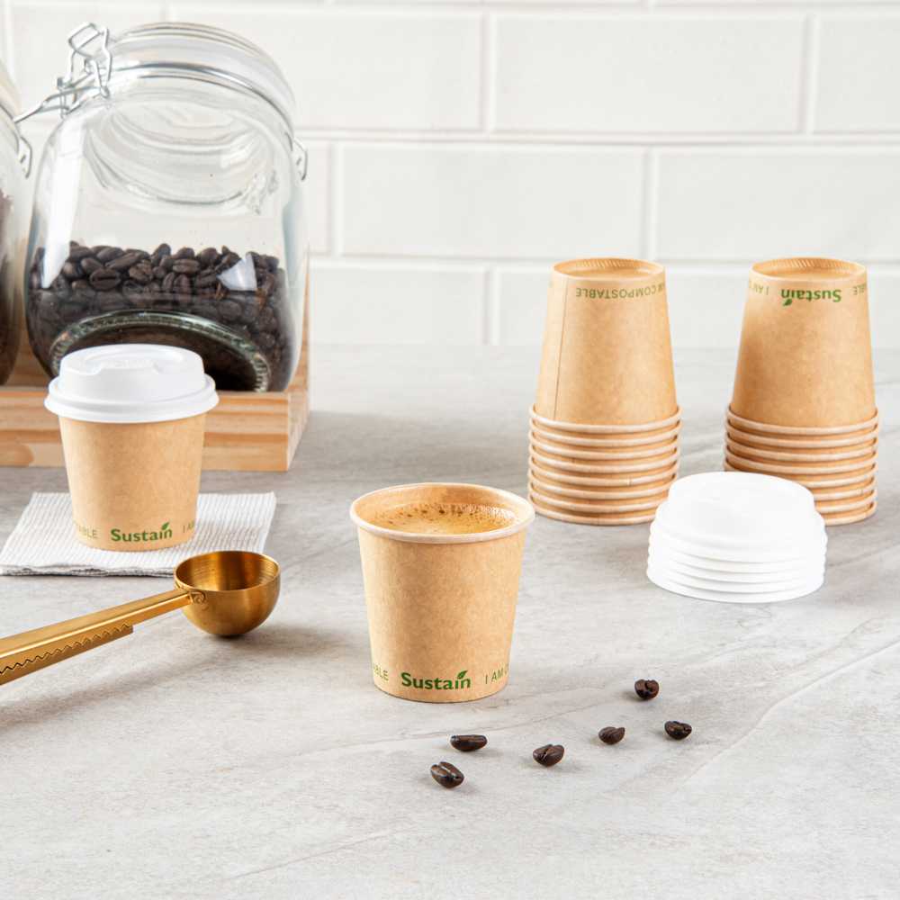 Sustain 4 oz Kraft Paper Coffee Cup - PLA Lining, Compostable, Single Wall - 2 1/2" x 2 1/2" x 2 1/4" - 1000 count box