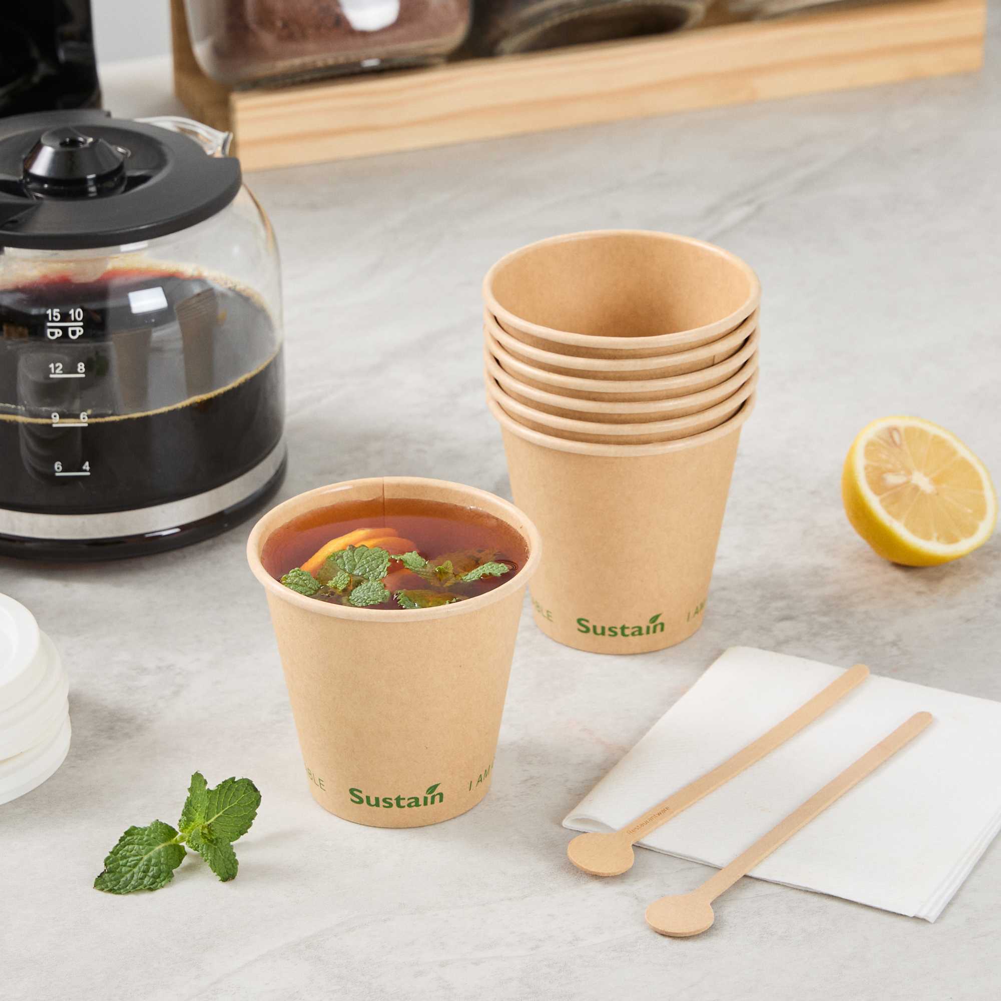 Sustain 8 oz Kraft Paper Coffee Cup - PLA Lining, Compostable, Single Wall - 3 1/2" x 3 1/2" x 3 1/4" - 50 count box
