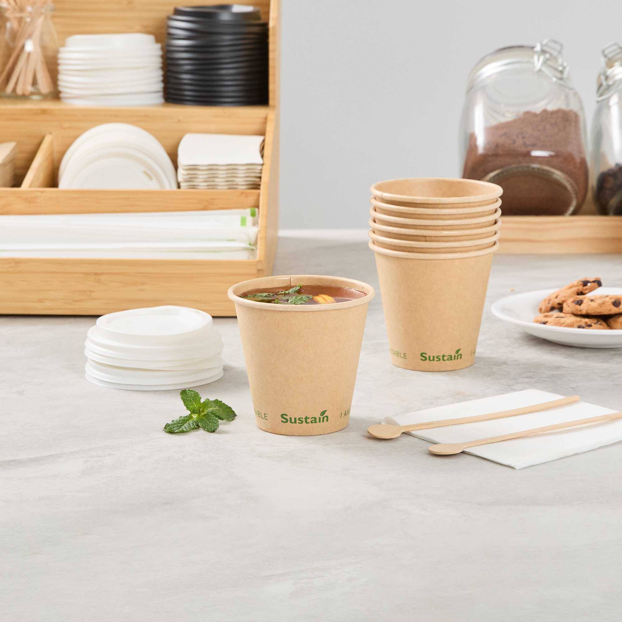 Sustain 8 oz Kraft Paper Coffee Cup - PLA Lining, Compostable, Single Wall - 3 1/2" x 3 1/2" x 3 1/4" - 1000 count box