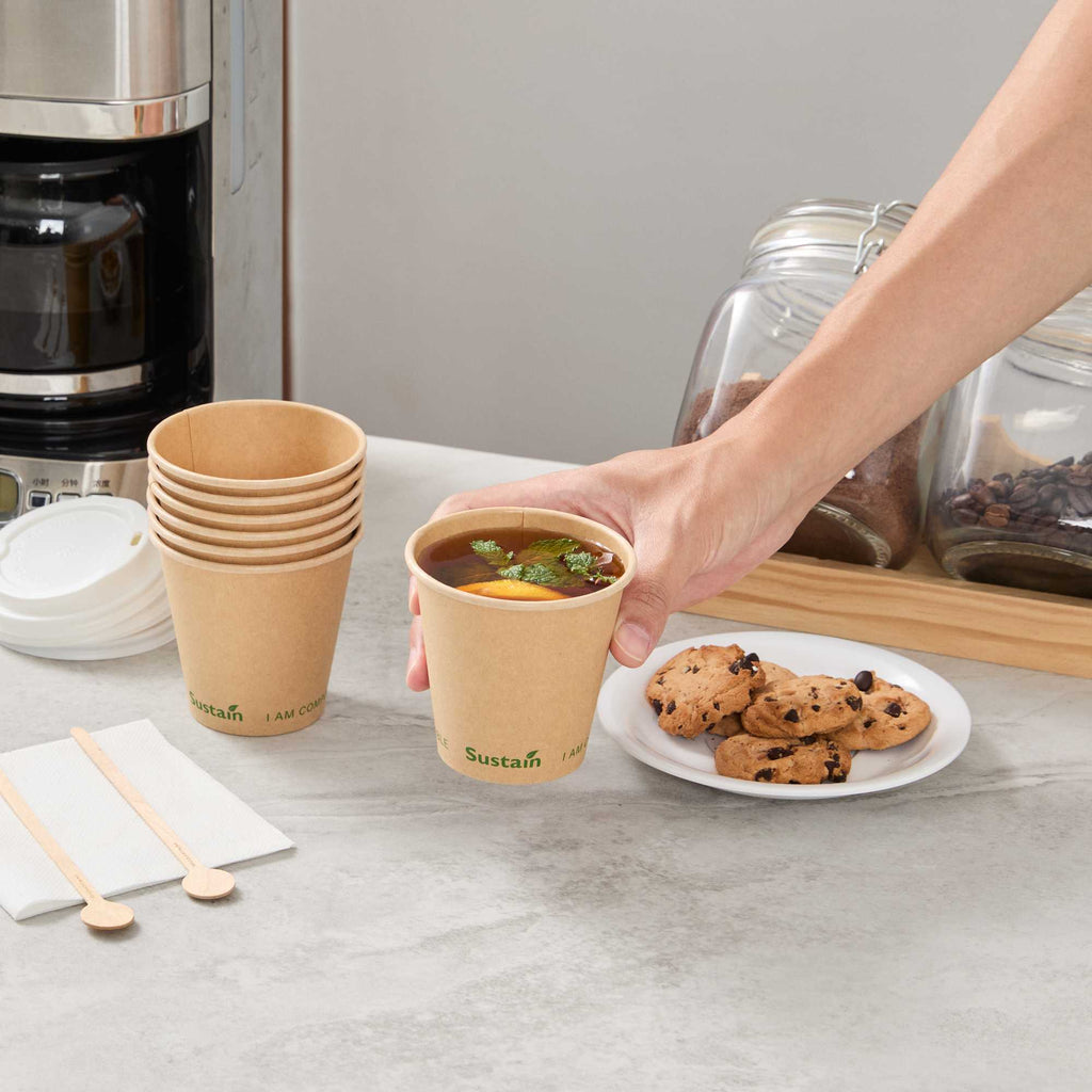 Sustain 8 oz Kraft Paper Coffee Cup - PLA Lining, Compostable, Single Wall - 3 1/2" x 3 1/2" x 3 1/4" - 1000 count box