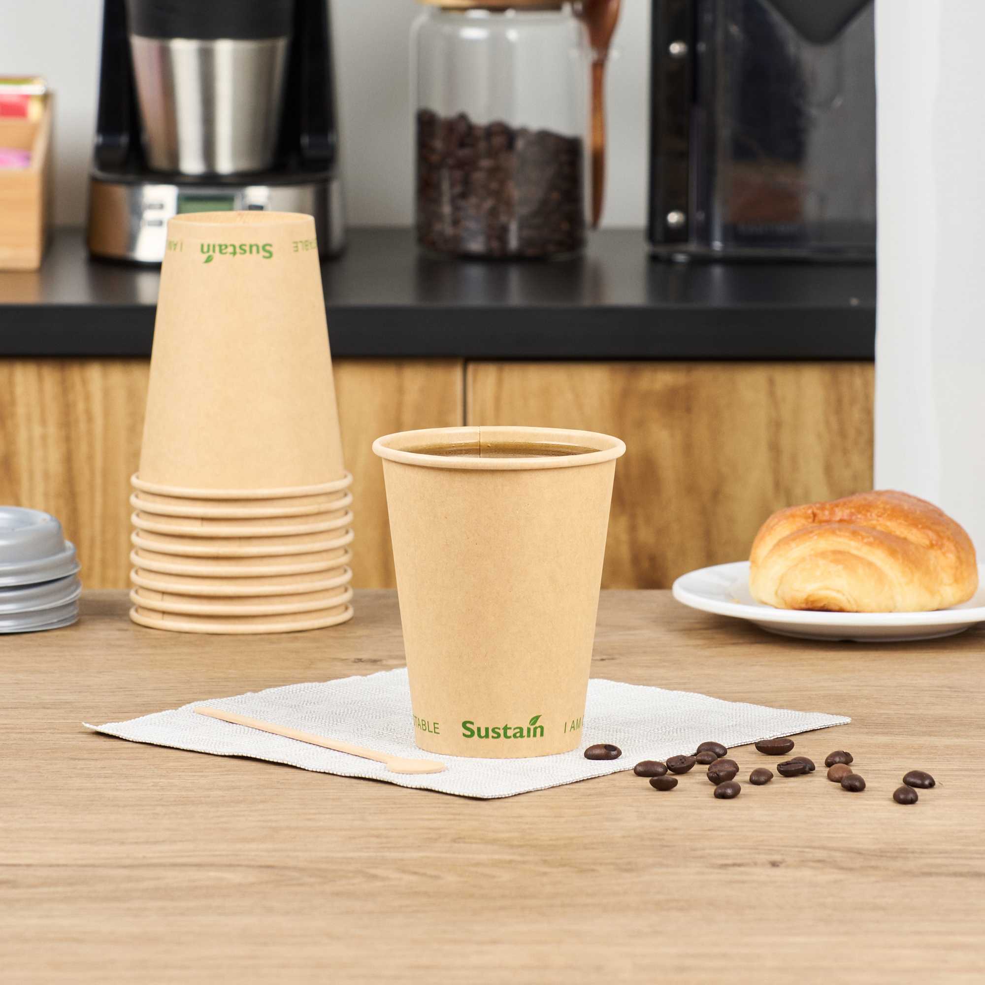 Sustain 12 oz Kraft Paper Coffee Cup - PLA Lining, Compostable, Single Wall - 3 1/2" x 3 1/2" x 4 1/4" - 50 count box