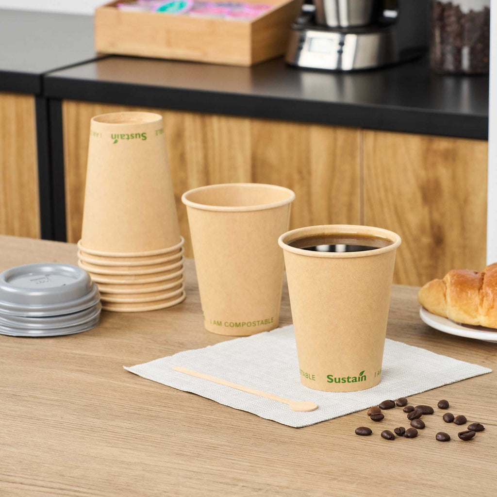 Sustain 12 oz Kraft Paper Coffee Cup - PLA Lining, Compostable, Single Wall - 3 1/2" x 3 1/2" x 4 1/4" - 1000 count box