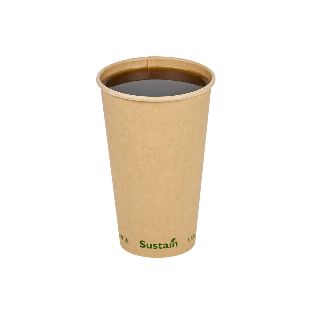 Sustain 16 oz Kraft Paper Coffee Cup - PLA Lining, Compostable, Single Wall - 3 1/2" x 3 1/2" x 5 1/2" - 1000 count box