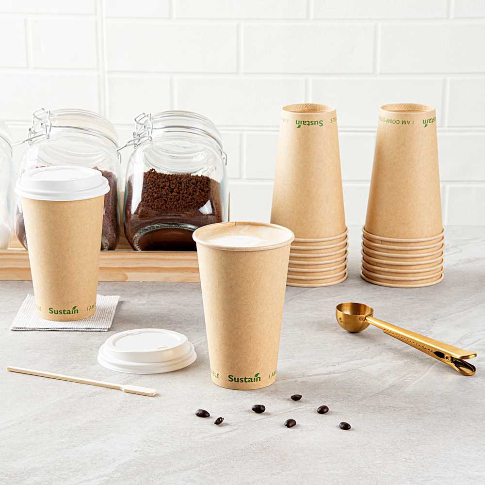 Sustain 16 oz Kraft Paper Coffee Cup - PLA Lining, Compostable, Single Wall - 3 1/2" x 3 1/2" x 5 1/2" - 50 count box