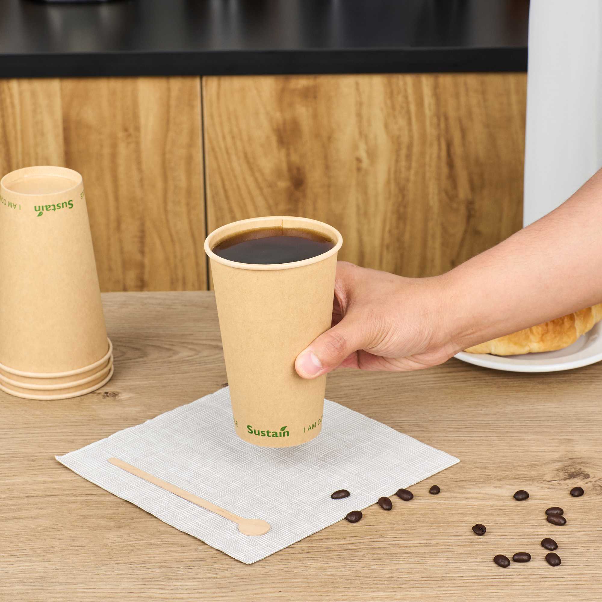 Sustain 16 oz Kraft Paper Coffee Cup - PLA Lining, Compostable, Single Wall - 3 1/2" x 3 1/2" x 5 1/2" - 1000 count box
