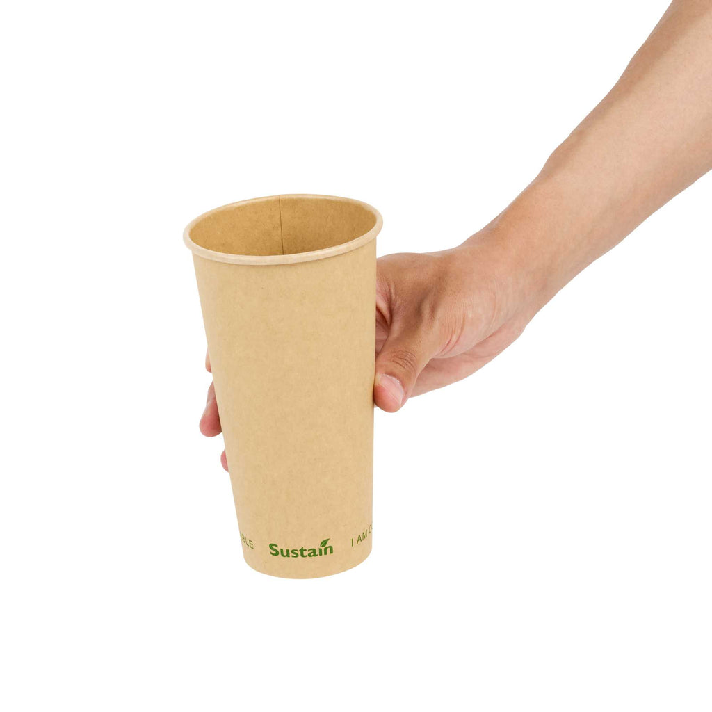 Sustain 20 oz Kraft Paper Coffee Cup - PLA Lining, Compostable, Single Wall - 3 1/2" x 3 1/2" x 6 1/4" - 50 count box